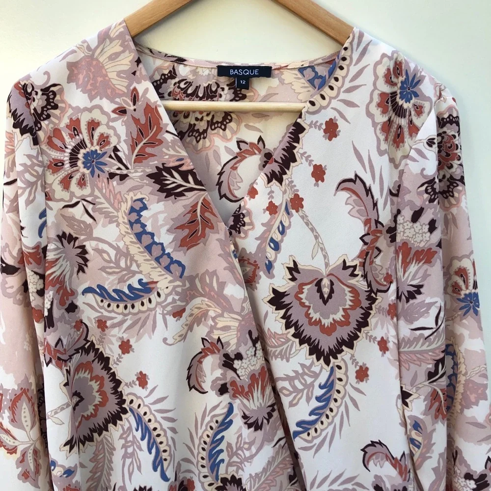 Basque 12 Pink Long Sleeve Lightweight Faux Wrap Blouse Top Workwear Business - Picture 2 of 8